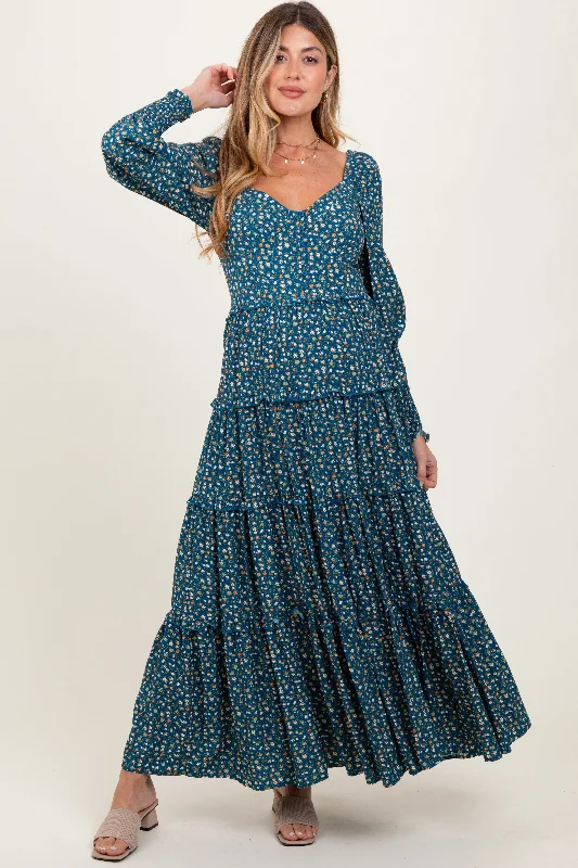 Bold, confident, and stylish women’s clothing   Teal Floral Button Accent Bodice Tiered Maternity Maxi Dress