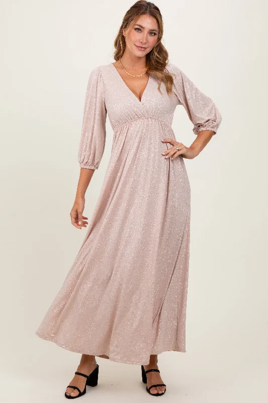 Fashion-forward women’s clothing on a budget   Beige Glitter V-Neck Maxi Dress