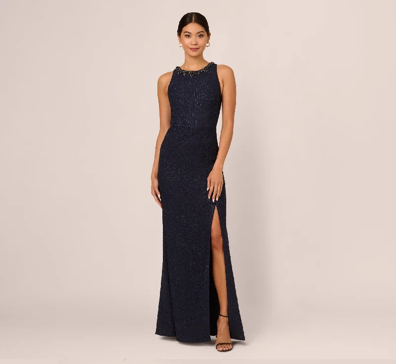 Glitter Boucle Stretch Gown In Navy