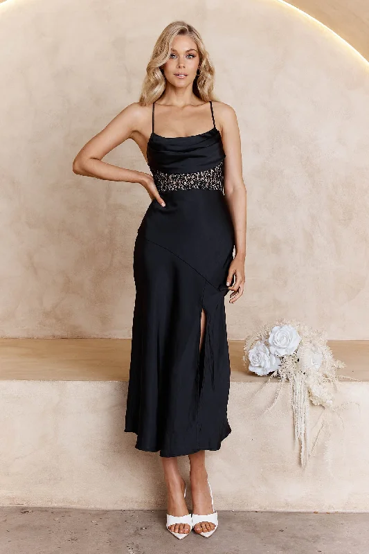 Golden Era Cowl Neck Lace Waist Midi Dress Black