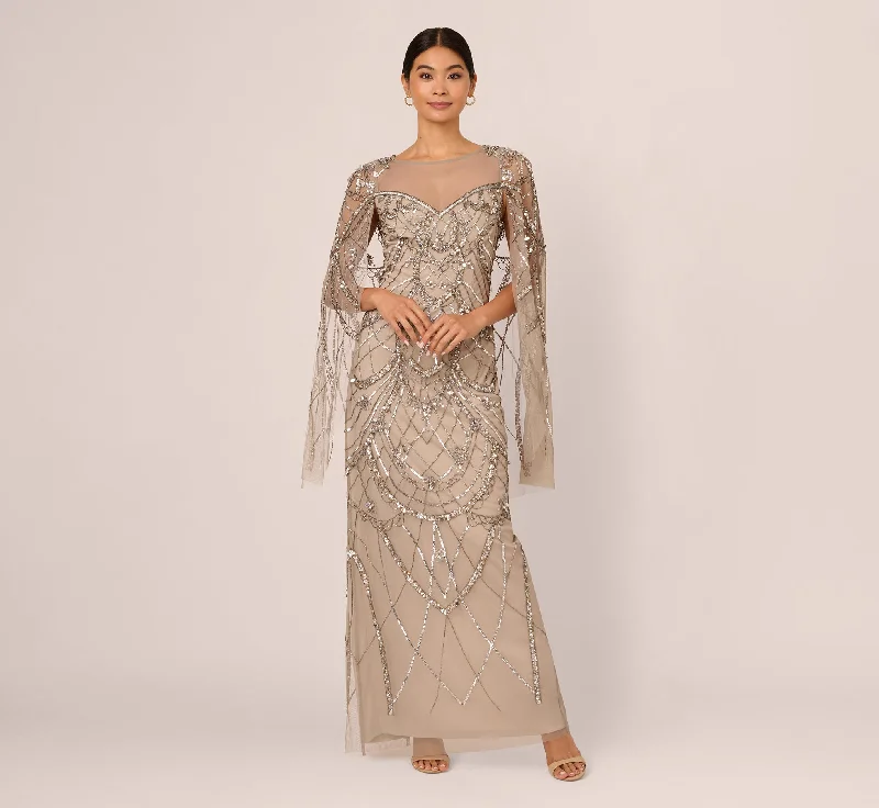 Illusion Beaded Cape Dress In Platinum