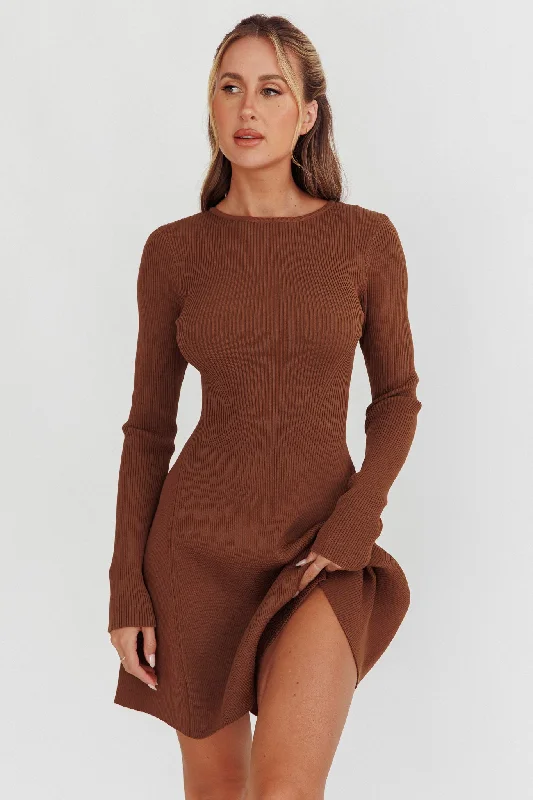 Intuitions Long Sleeve Ribbed Knit Dress Chocolate