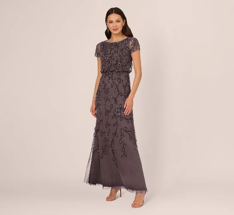 Jasmine Beaded Blouson Gown With Sheer Short Sleeves In Moonscape