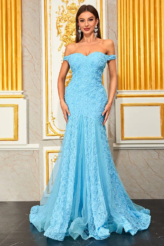 Light Blue Appliques A Line Off the Shoulder Floral Tulle Long Prom Dress