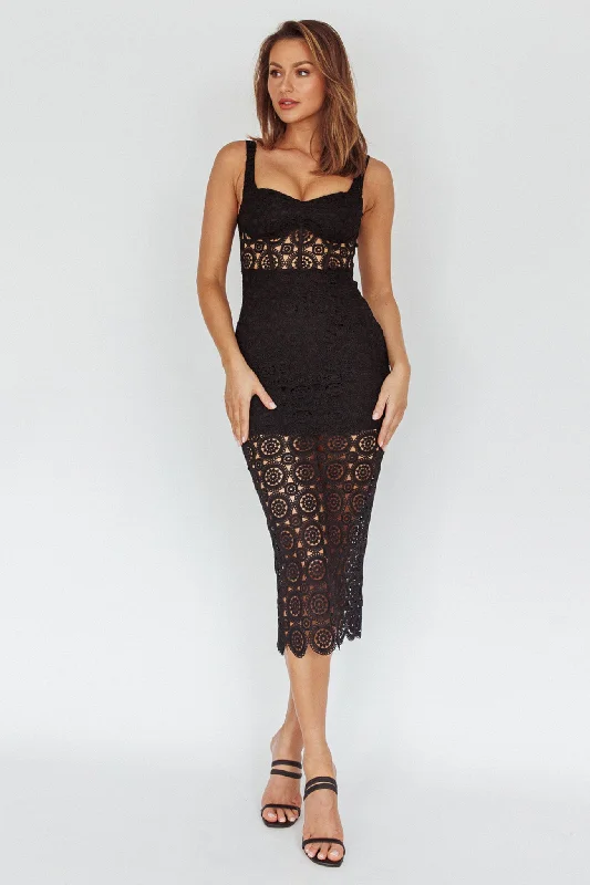 Milano Crochet Lace Midi Dress Black