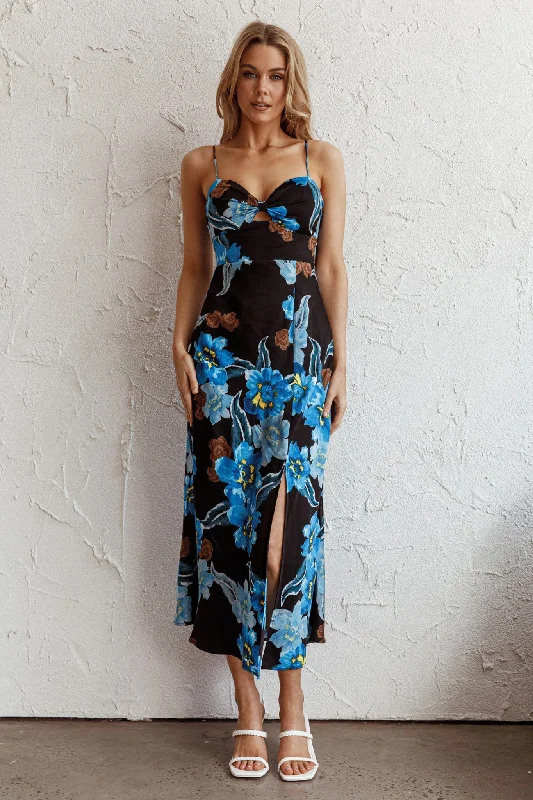 Missoula Cami Strap Padded Bust Midi Dress Flower Blue