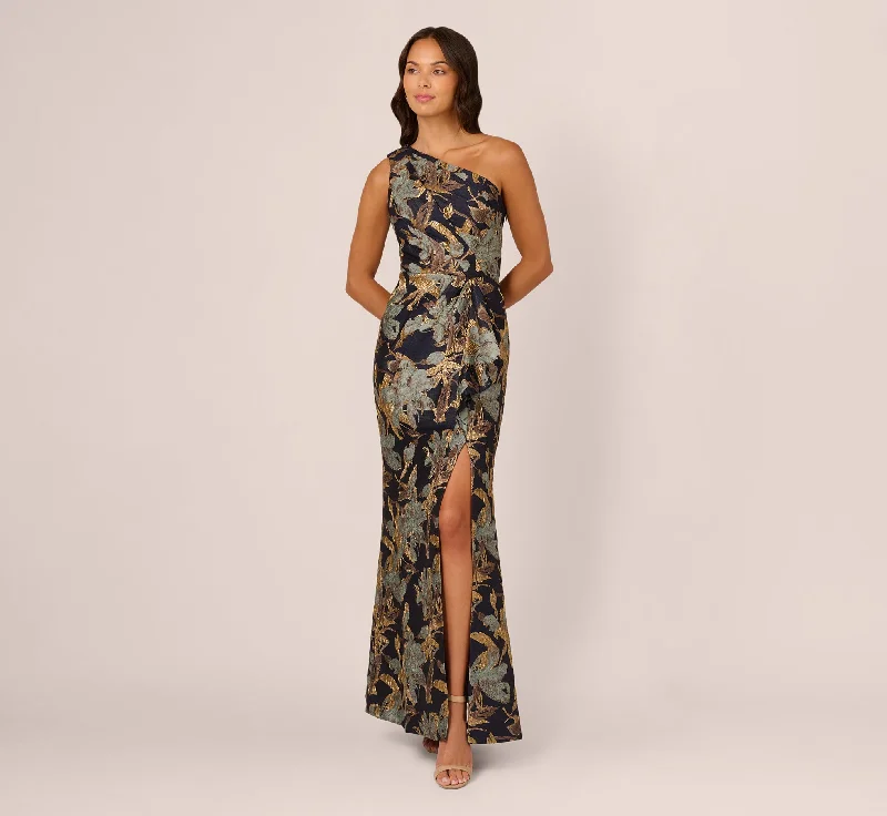 One Shoulder Jacquard Dress In Blue Gold