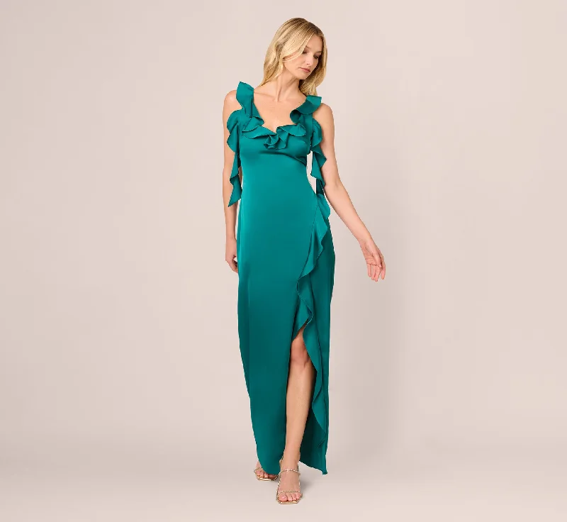 Stretch Satin Ruffle Long Dress In Deep Emerald