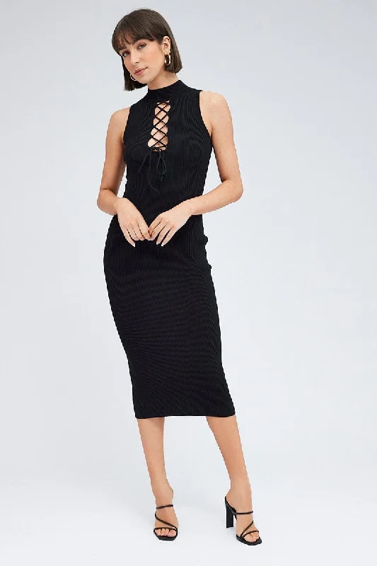 Black Knit Dress High Neck Sleeveless Midi