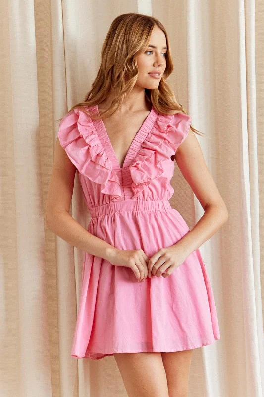 CANDY PINK Fit And Flare Dress Sleeveless Deep V Frill Mini