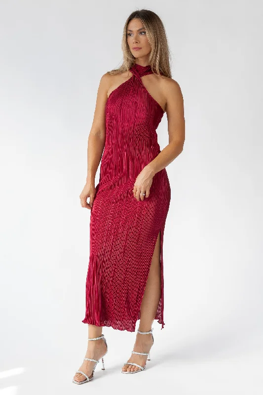 Lys Burgundy Plisse Twist Neck Dress