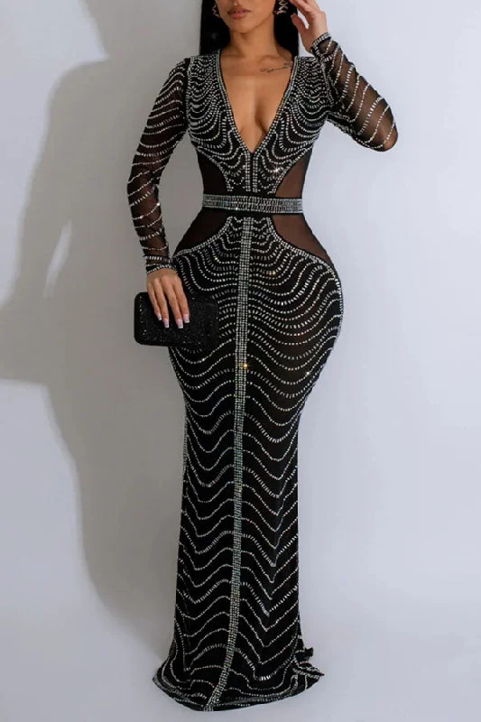 Rhinestone Party Deep V Neck Maxi Dress