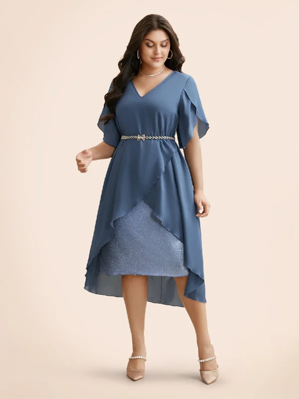 Solid Petal Sleeve Tiered Hem Dress