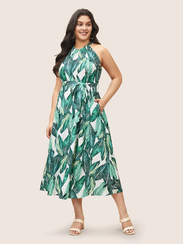 Tropical Print Knotted Pocket Ruffles Belted Halter Dress