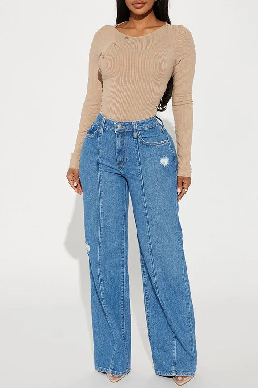 Solid Color Washed Ripped Cozy Wide Leg Jeans