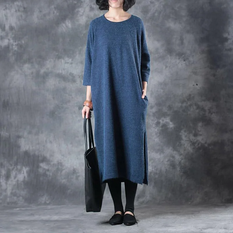 blue casual women knit dresses oversize o neck warm sweater dress side open