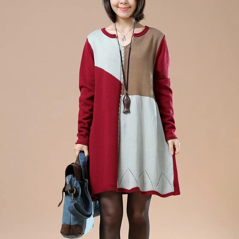 Burgundy color blocks sweaters knit dress