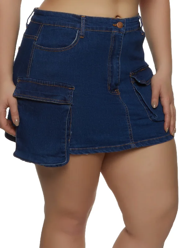 Plus Size Denim Cargo Pocket Mini Skirt