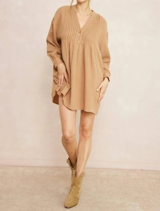 Everyday essentials for a stylish wardrobe   Solid Textured Long Sleeve Dress In Camel