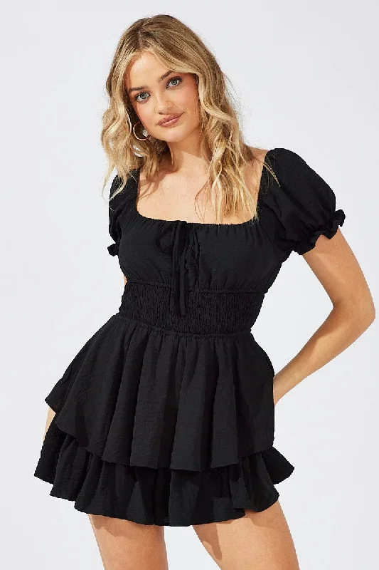 Black Ruffle Playsuit Short Sleeve Ruched Bust