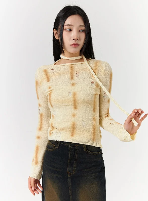 Knit Round Neck Ripped Sweater With Thin Scarf CD322