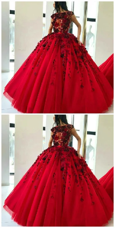 Effortlessly chic fashion for today’s woman   Ball Gown Jewel Sweep Train Red Tulle Prom Dress With Appliques Flowers   cg12015
