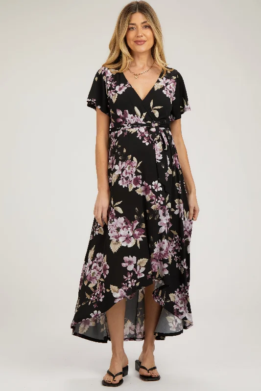 Black Floral Print Wrap Front V-Neck Hi-Low Maternity Midi Dress