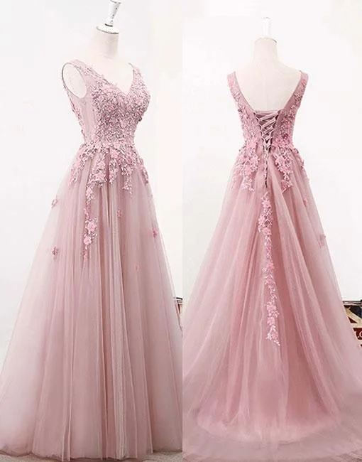 Fashionable clothing to fit every body type   Pink V Neck Lace Tulle Long Prom Dress, Pink Evening Dress    cg12050