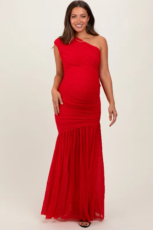 Red Ruched Mesh One Shoulder Maternity Maxi Dress