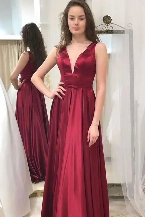 Designer-inspired women’s fashion at affordable prices   Simple A Line V Neck Burgundy Long Prom Dress   cg11964